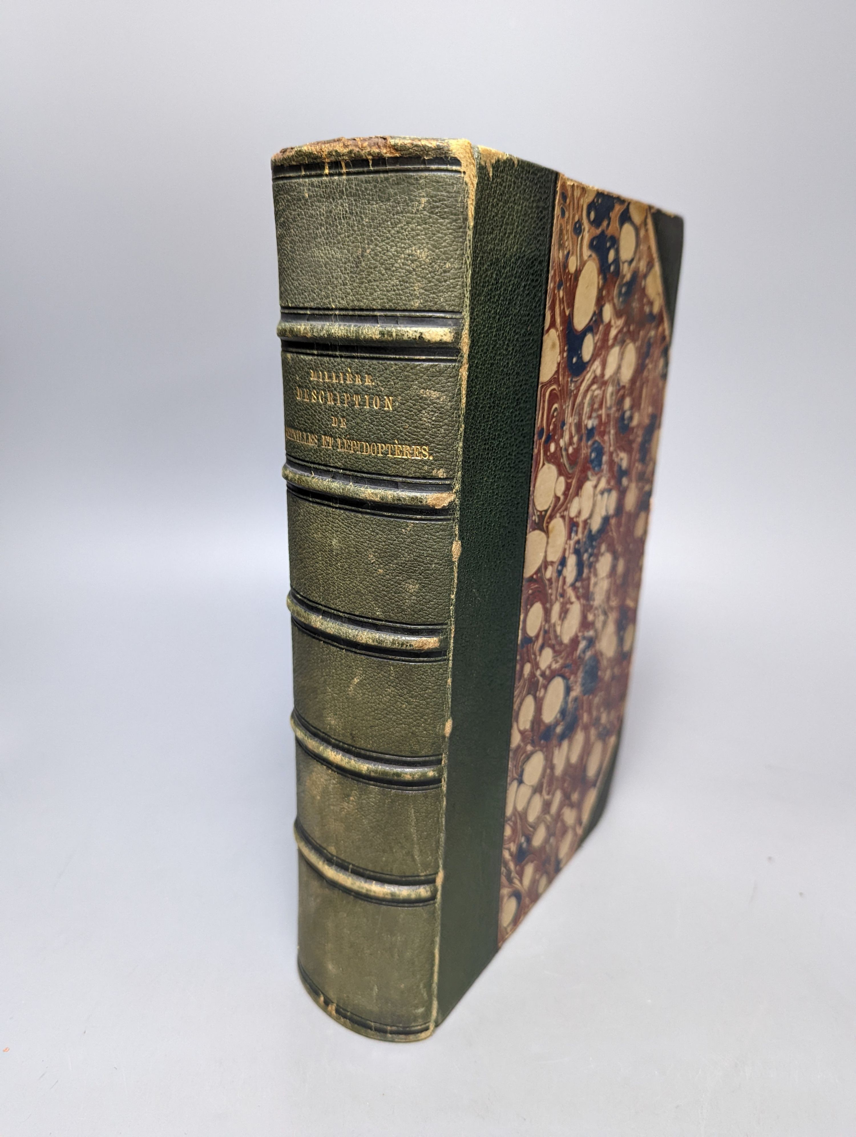 Milliere, P - Iconographie et Description de Chenilles et Lepidopteres ... vols 1 and 2 (ex 3) bound together in one vol. 84 hand-coloured plates; contemp. green half morocco and